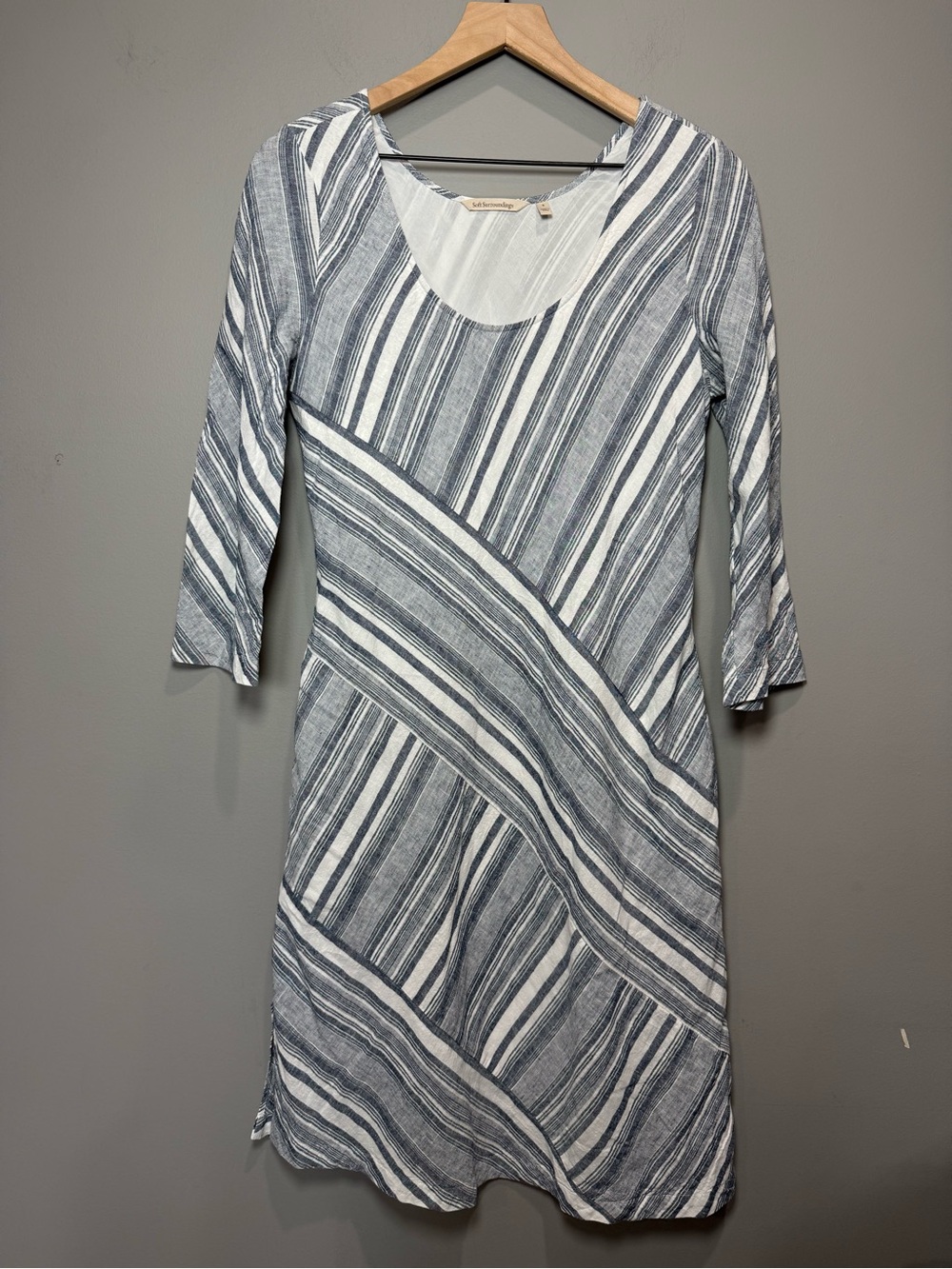 Soft‎ Surroundings Striped Linen Blend Dress Small Blue White Bell Sleeve